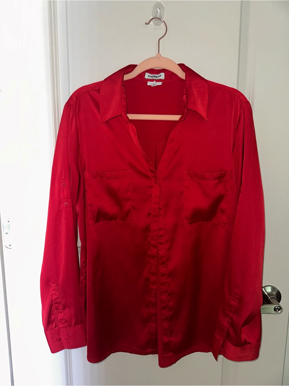 Express Red Satin Button-Down Shirt